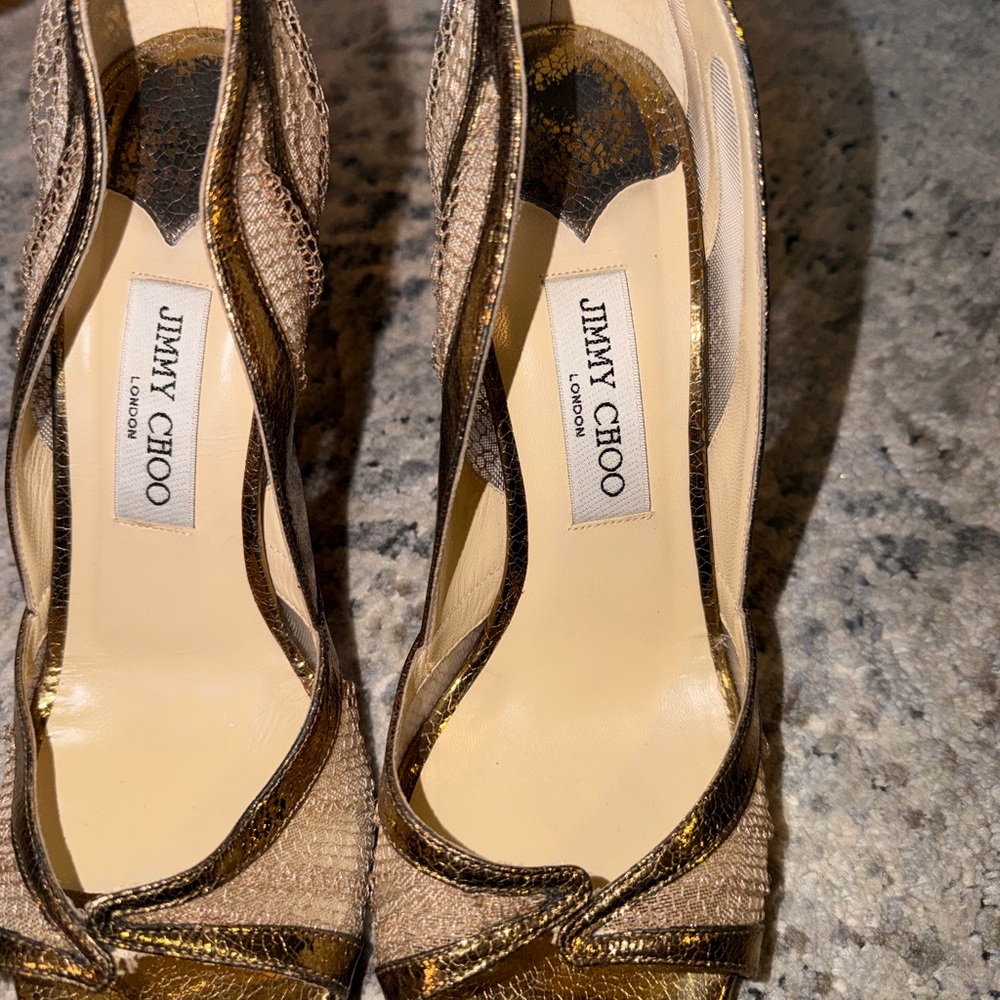 💯 Authentic Jimmy Choo Gold Peep-Toe Heels